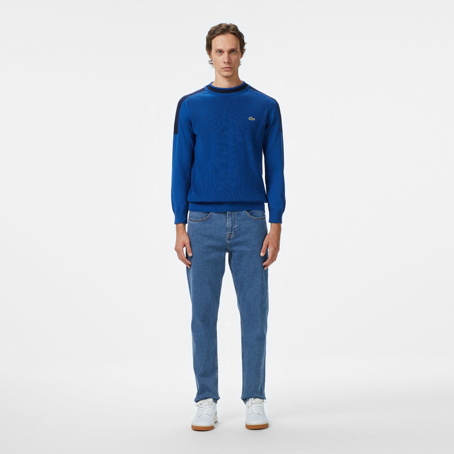 Lacoste Erkek Classic Fit Bisiklet Yaka Renk Bloklu Mavi Kazak