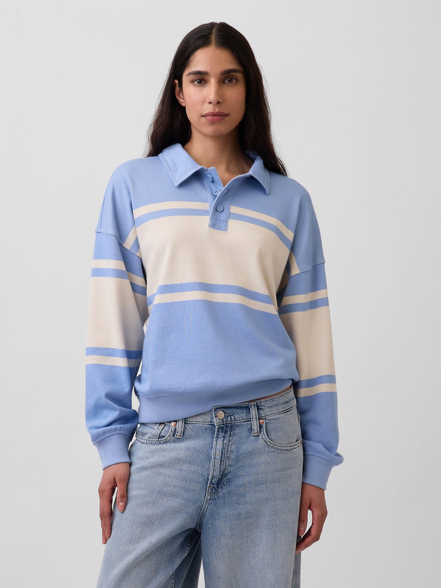 Açık Mavi Fransız Havlu Kumaş Oversized Polo Sweatshirt