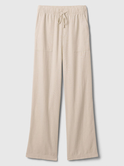 Bej Keten Karışımlı Wide-leg Pull-on Pantolon