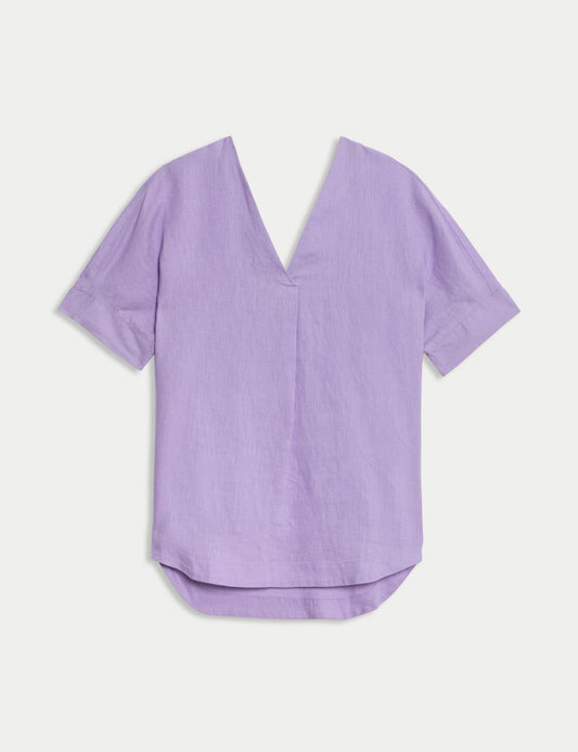 Keten V Yaka Rahat Kesim Popover Bluz