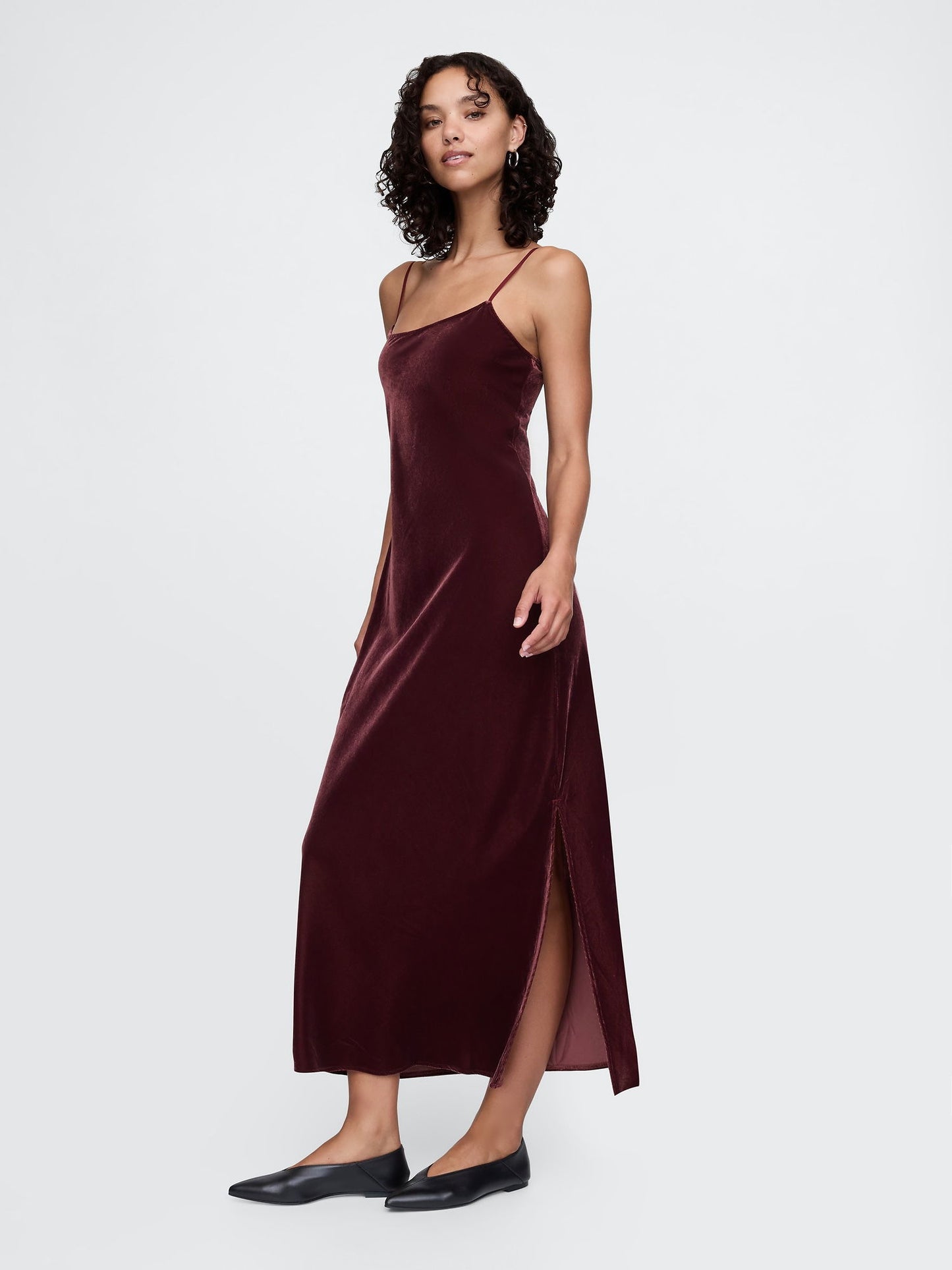 Bordo Kadife Maxi Slip Elbise