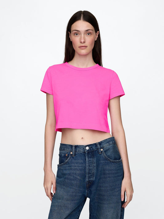 Pembe %100 Organik Pamuk Vintage Soft Crop T-Shirt