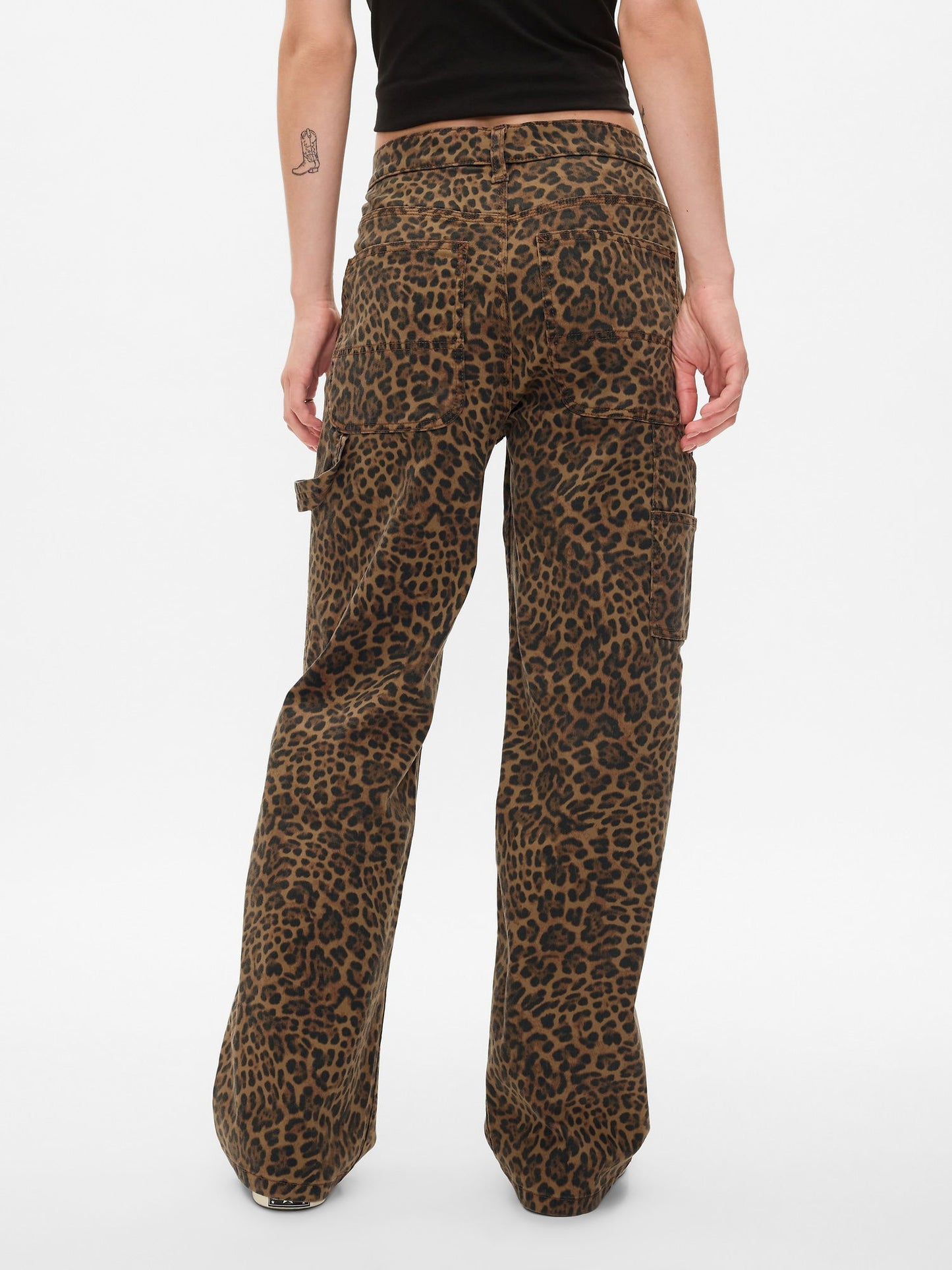 Kahverengi Mid Rise '90s Loose Leopar Desenli Kargo Jean Pantolon