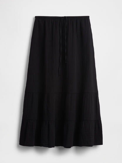 Siyah Pamuk Gauze Tiered Easy Maxi Etek