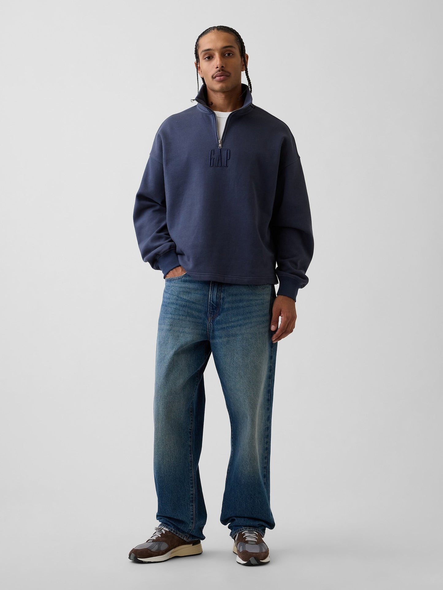 Lacivert Heavyweight Oversized Logo Yarım Fermuarlı Sweatshirt