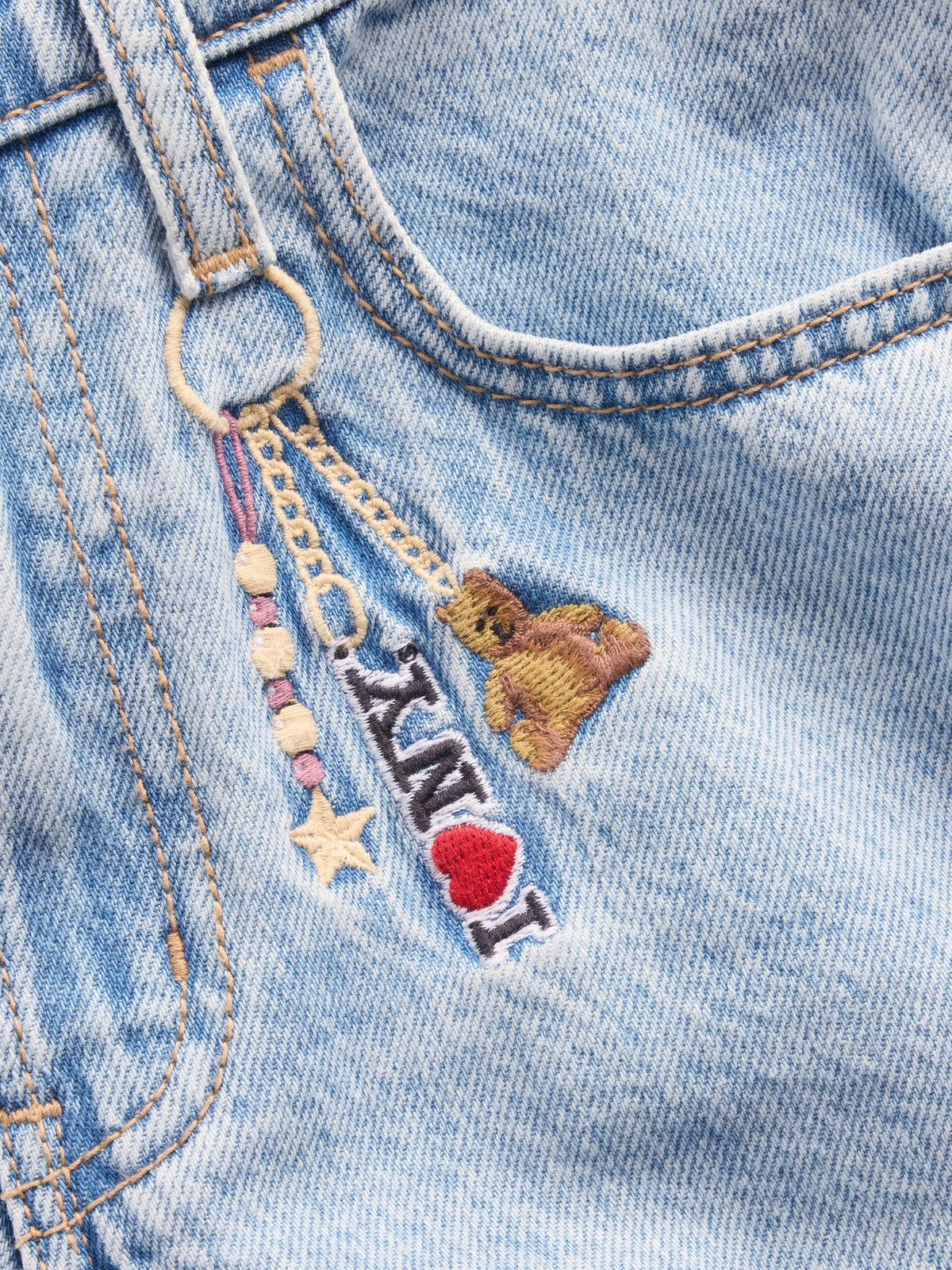 Açık Mavi Low Rise Işlemeli I Love Ny Baggy Jean Pantolon
