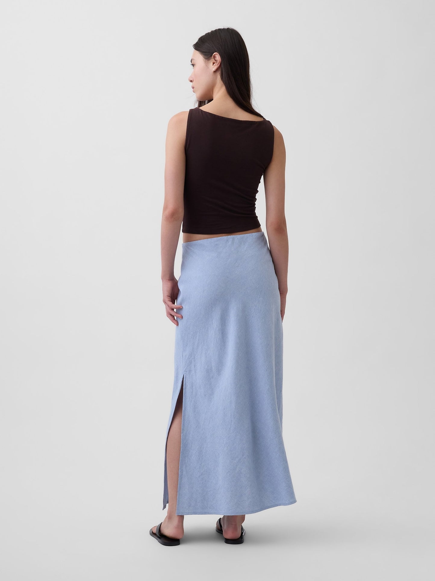 Açık Mavi Keten Karışımı Maxi Slip Etek