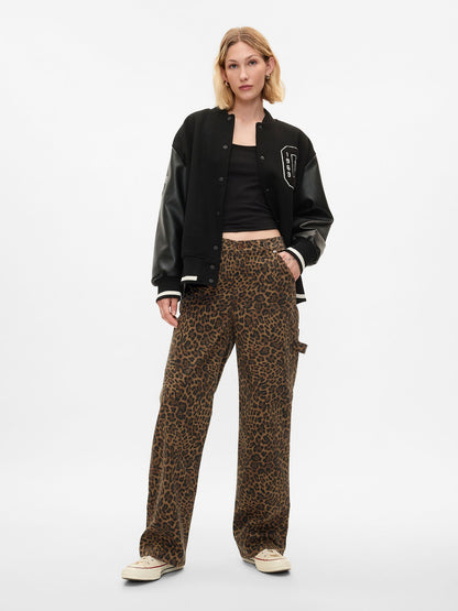 Kahverengi Mid Rise '90s Loose Leopar Desenli Kargo Jean Pantolon