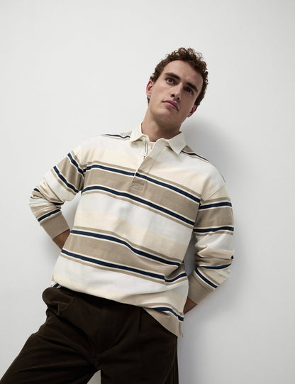 Saf Pamuklu Çizgili Rugby Sweatshirt