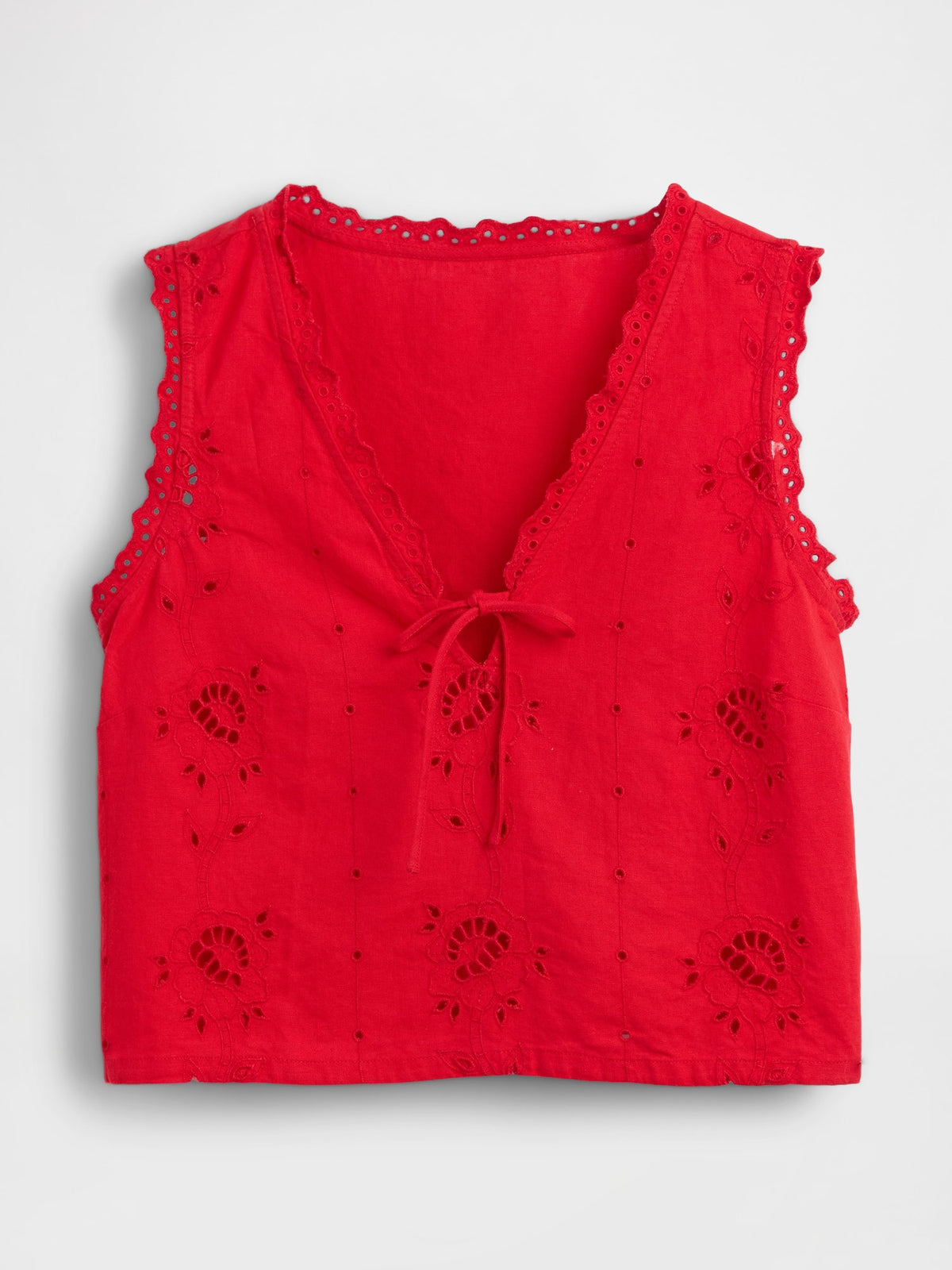 Beyaz Keten Karışımlı Işlemeli Crop Shell Askılı Bluz