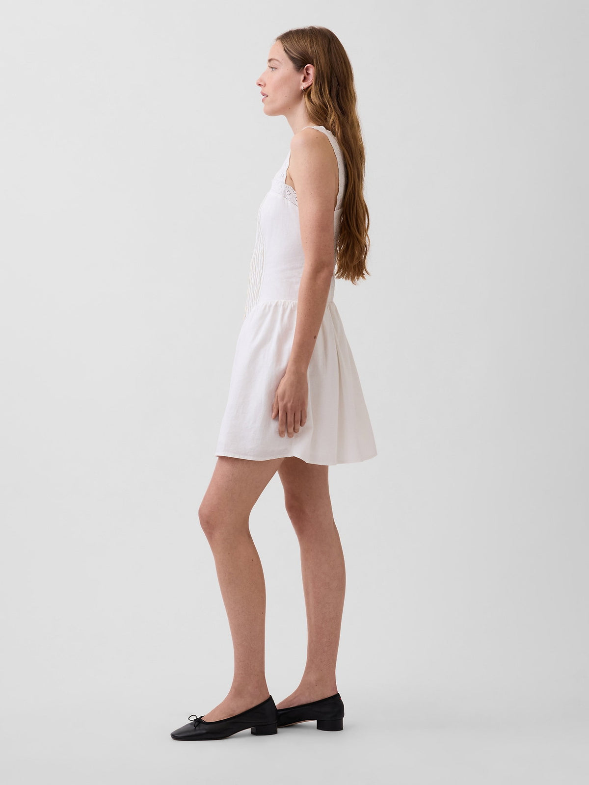 Beyaz Pintuck Drop-waist Mini Elbise