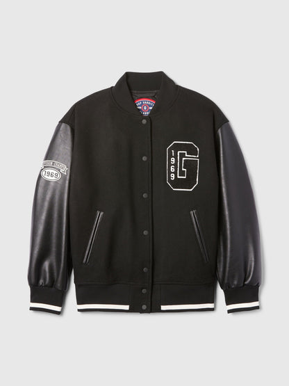 Siyah Yün Varsity Logo Boyfriend Ceket