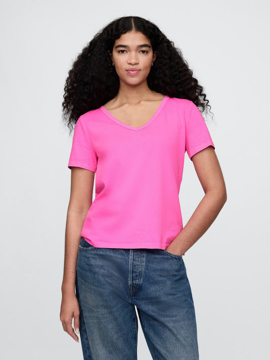 Pembe Organik Pamuk Vintage V Yaka T-Shirt