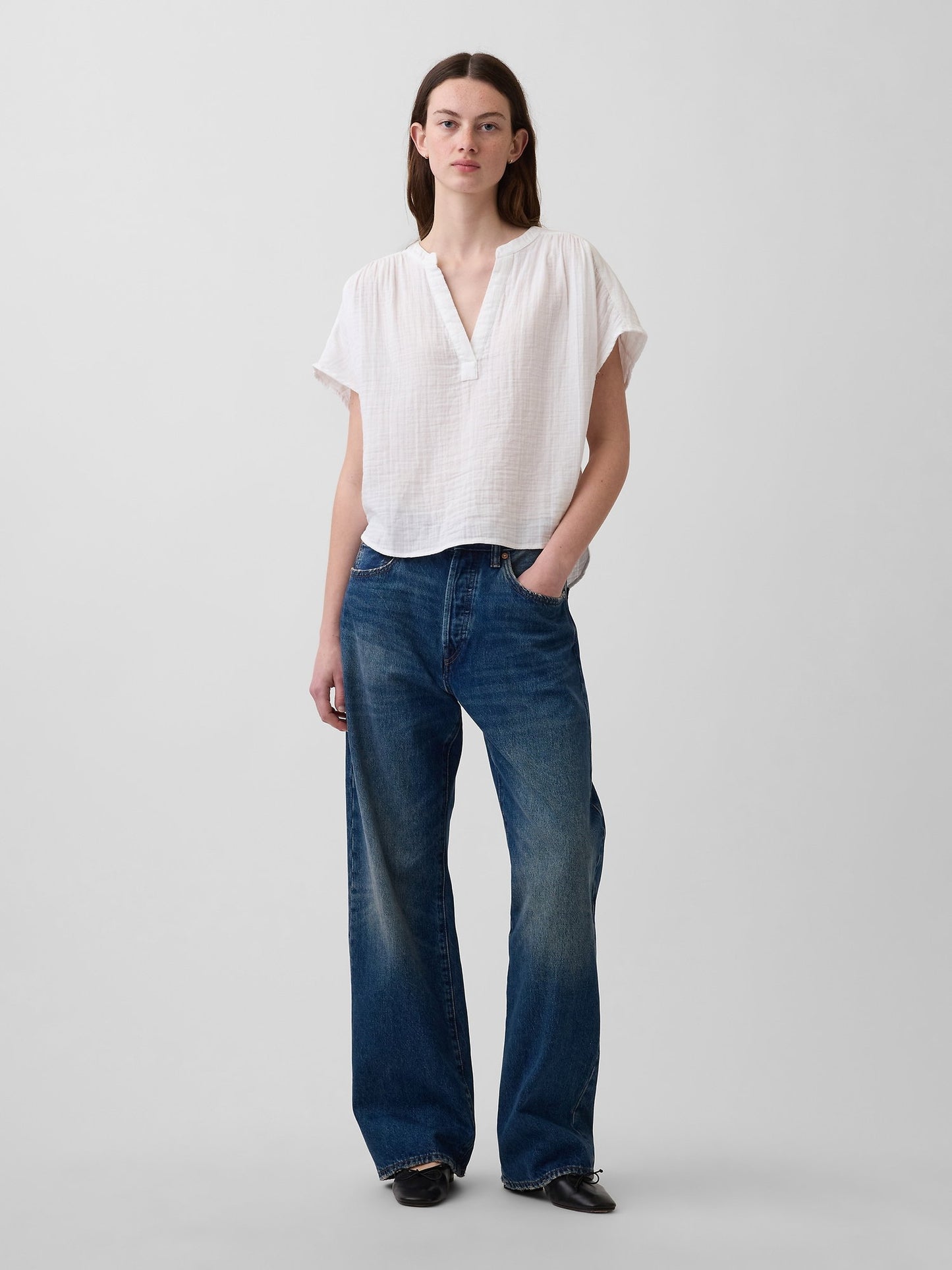 Beyaz Pamuk Gauze Oversized Split-neck Üst