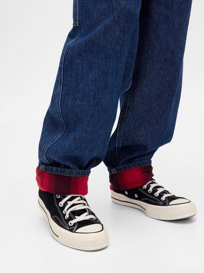 Koyu Mavi Stranger Things Flannel-lined Carpenter Baggy Jean Pantolon