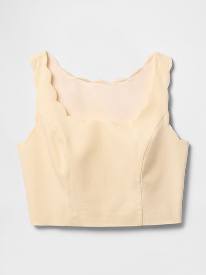 Bej Keten Karışımlı Crop Askılı Bluz