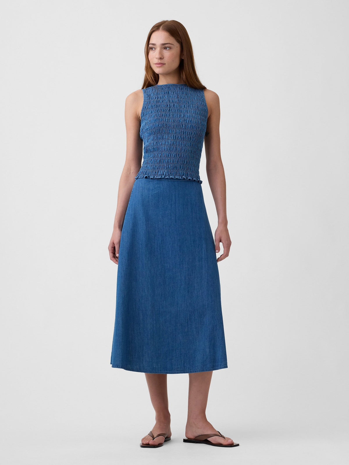 Açık Mavi Smocked Kolsuz Boatneck Bluz