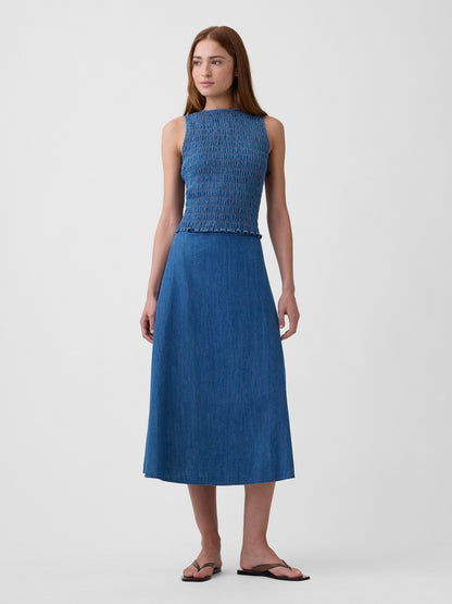 Açık Mavi Smocked Kolsuz Boatneck Bluz