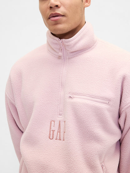 Açık Pembe Sherpa Oversized Yarım Fermuarlı Logo Sweatshirt