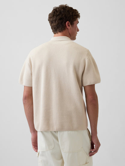 Bej Oversized Yarım Fermuarlı Cepli Triko Polo T-shirt