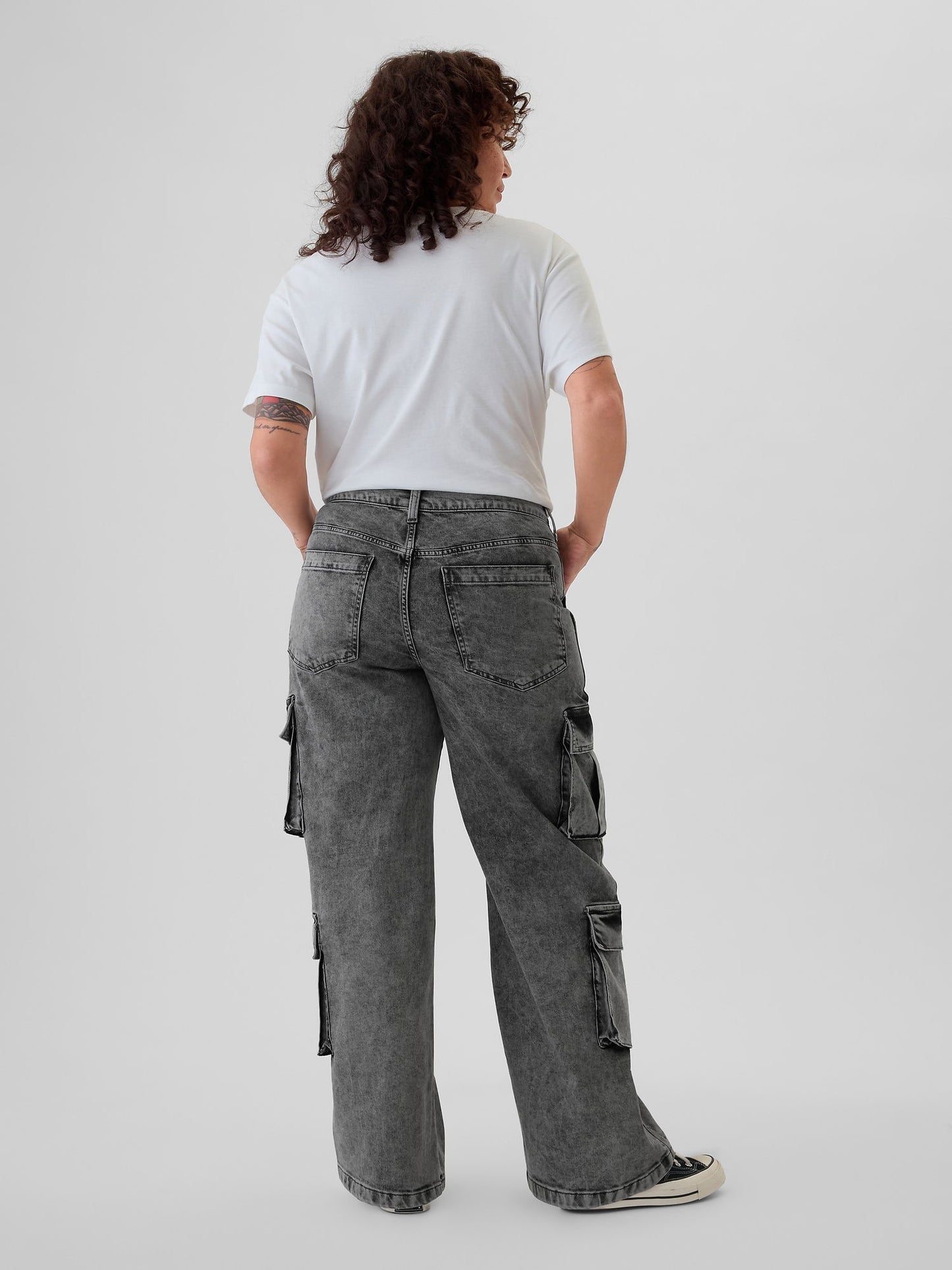 Siyah Mid Rise Double Cargo '90s Loose Jean Pantolon
