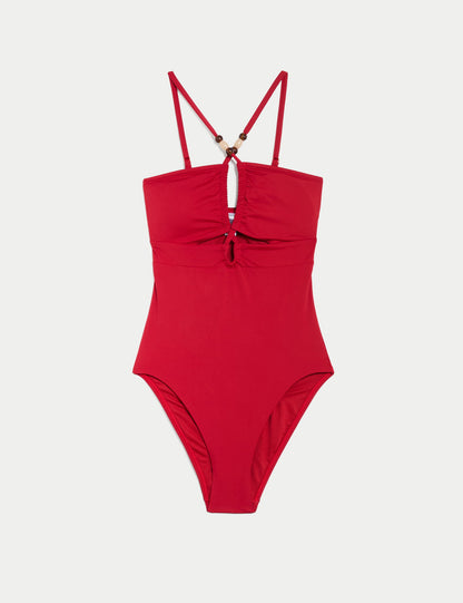 Boncuk Detaylı Cut Out Bandeau Mayo