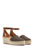 Kadın Taba Bilekten Tokalı Dolgu Topuklu Hasır Deri Espadril Sandalet
