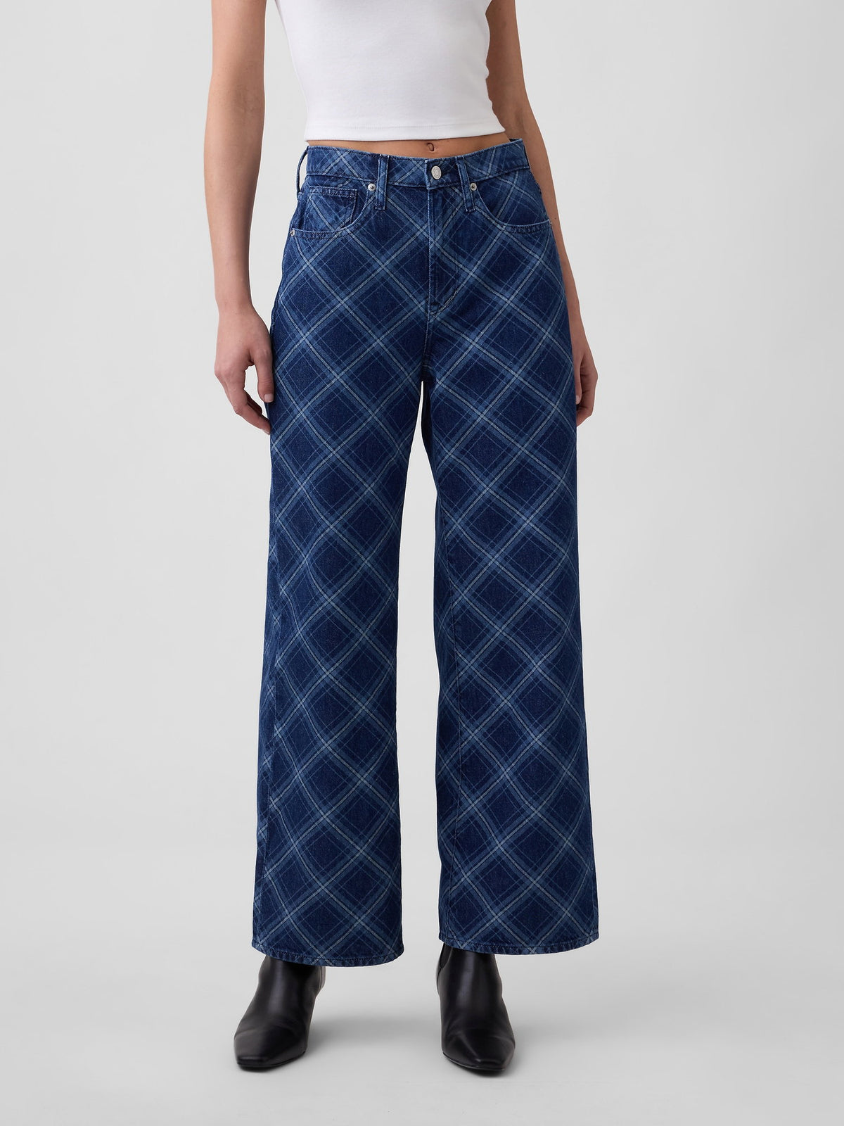 Koyu Mavi High Rise Baskılı Wide-leg Jean Pantolon