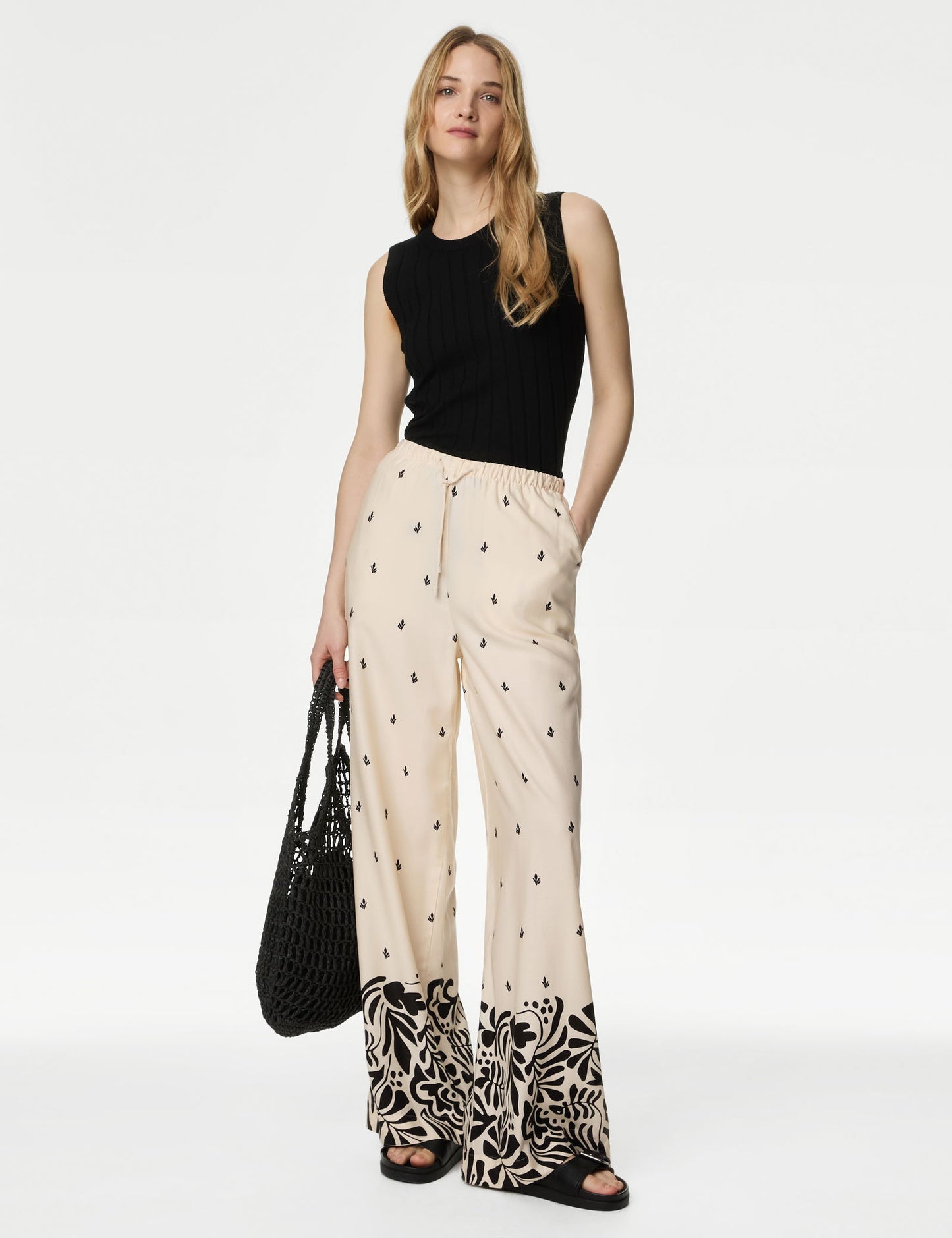 Yüksek Bel Desenli Wide Leg Pantolon