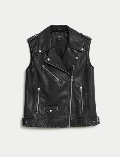 Relaxed Fit Suni Deri Biker Yelek