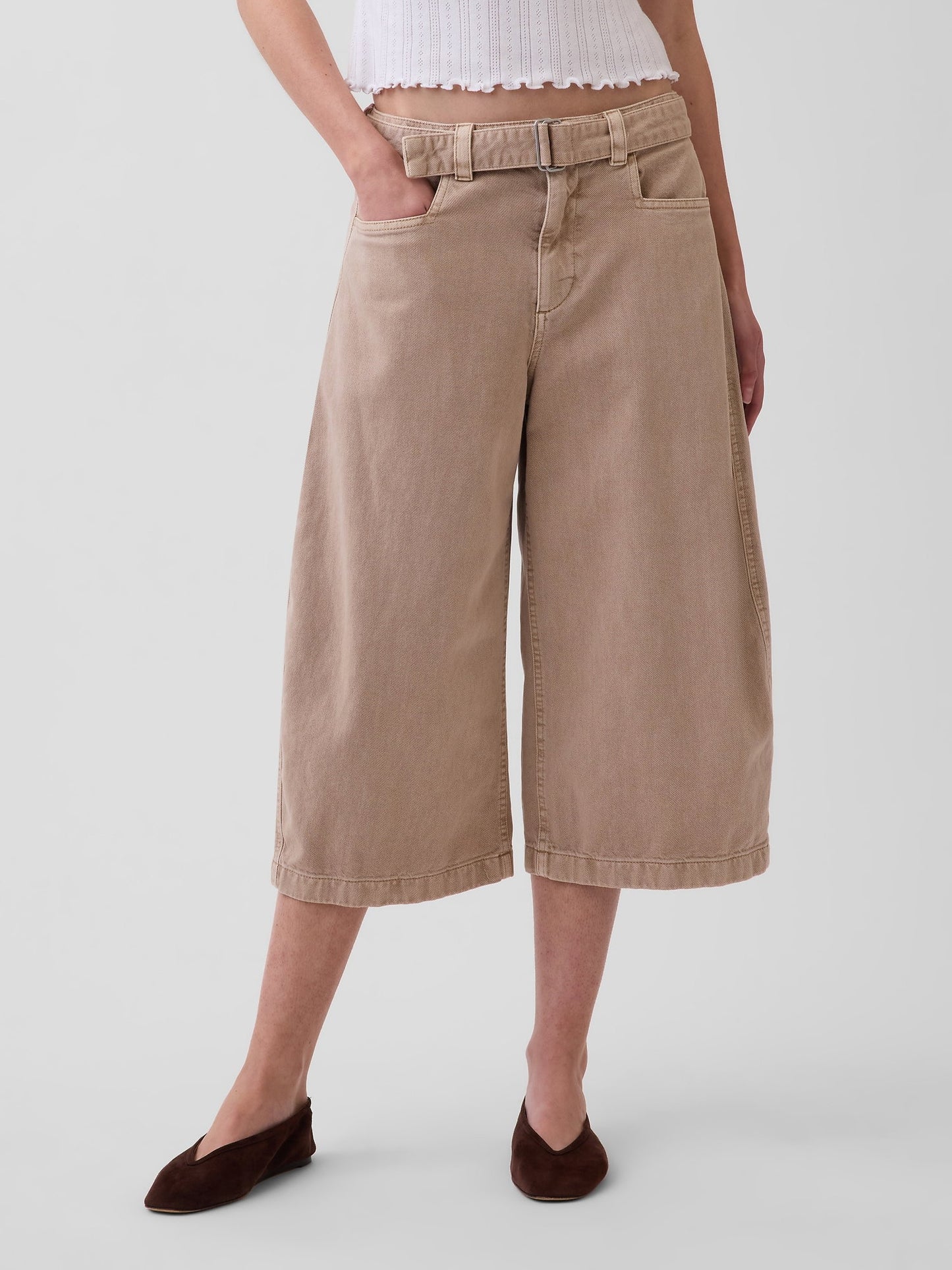 Bej Mid Rise Kemerli Culotte Barrel Pantolon
