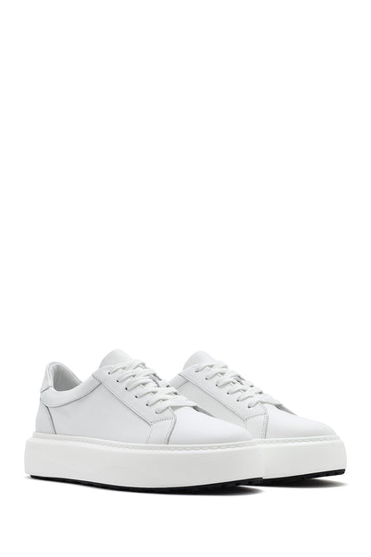Erkek Beyaz Bağcıklı Kalın Tabanlı Deri Sneaker