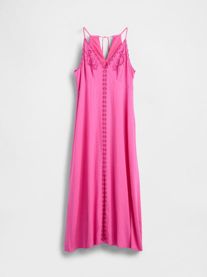 Pembe Linen-blend Nakışlı Halter Maxi Elbise