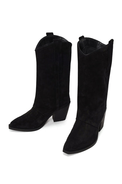 Kadın Siyah Kalın Topuklu Süet Deri Çizme