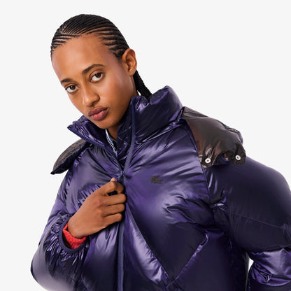 Kadın Oversize Fit Kapüşonlu Kapitone Mor Mont