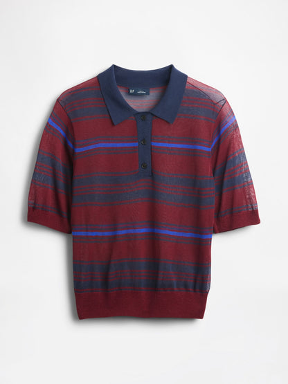 Kırmızı Transparan Crop Polo Kazak