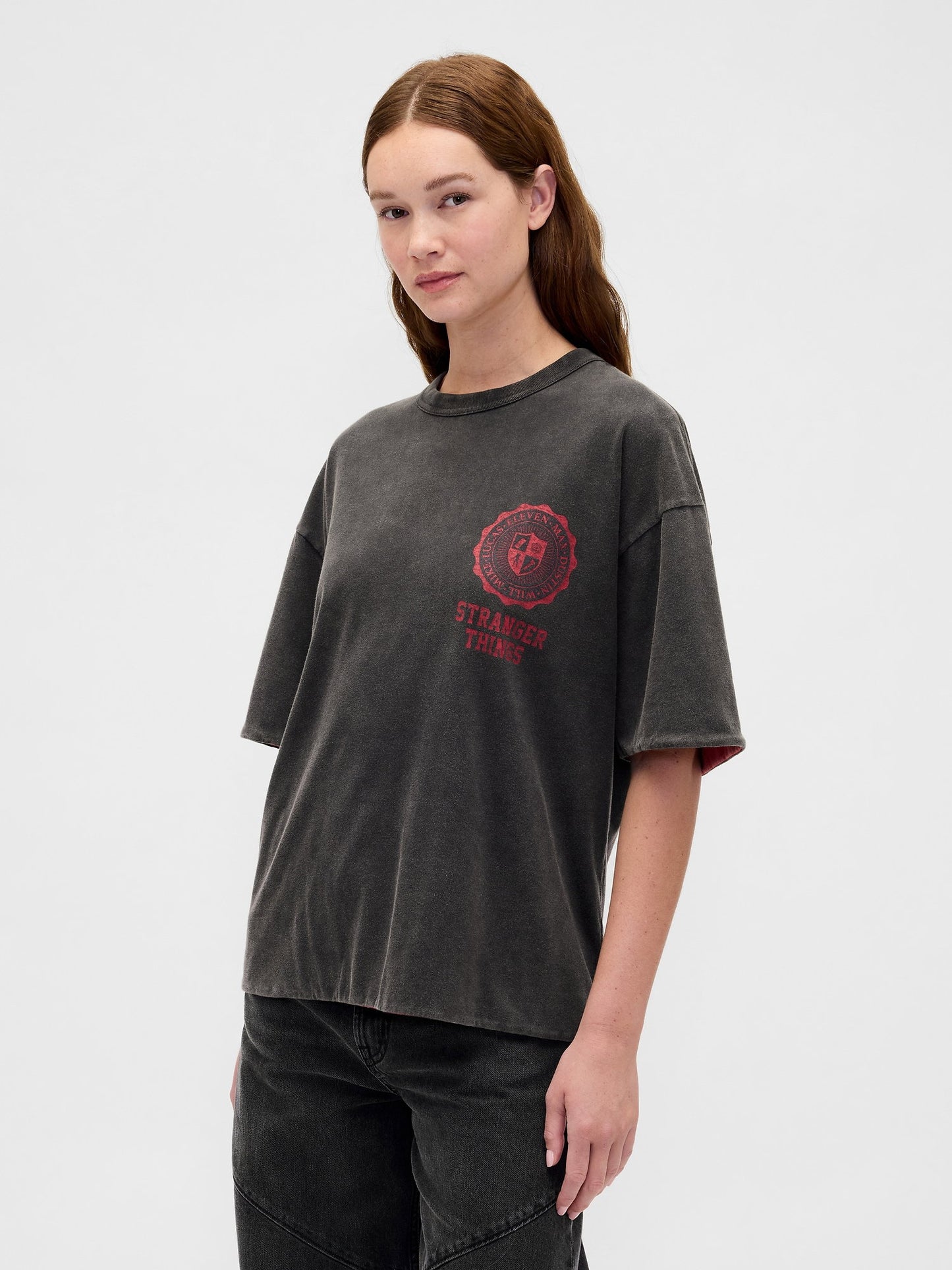 Koyu Gri Stranger Things Yetişkin Tersine Çevirilebilir Grafik T-shirt