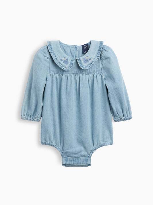 Mavi Işlemeli Denim Balon Kol Bodysuit
