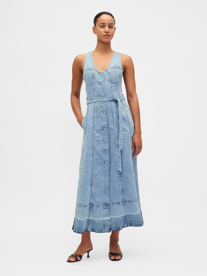 Açık Mavi Denim Kemerli Düğmeli Maxi Elbise