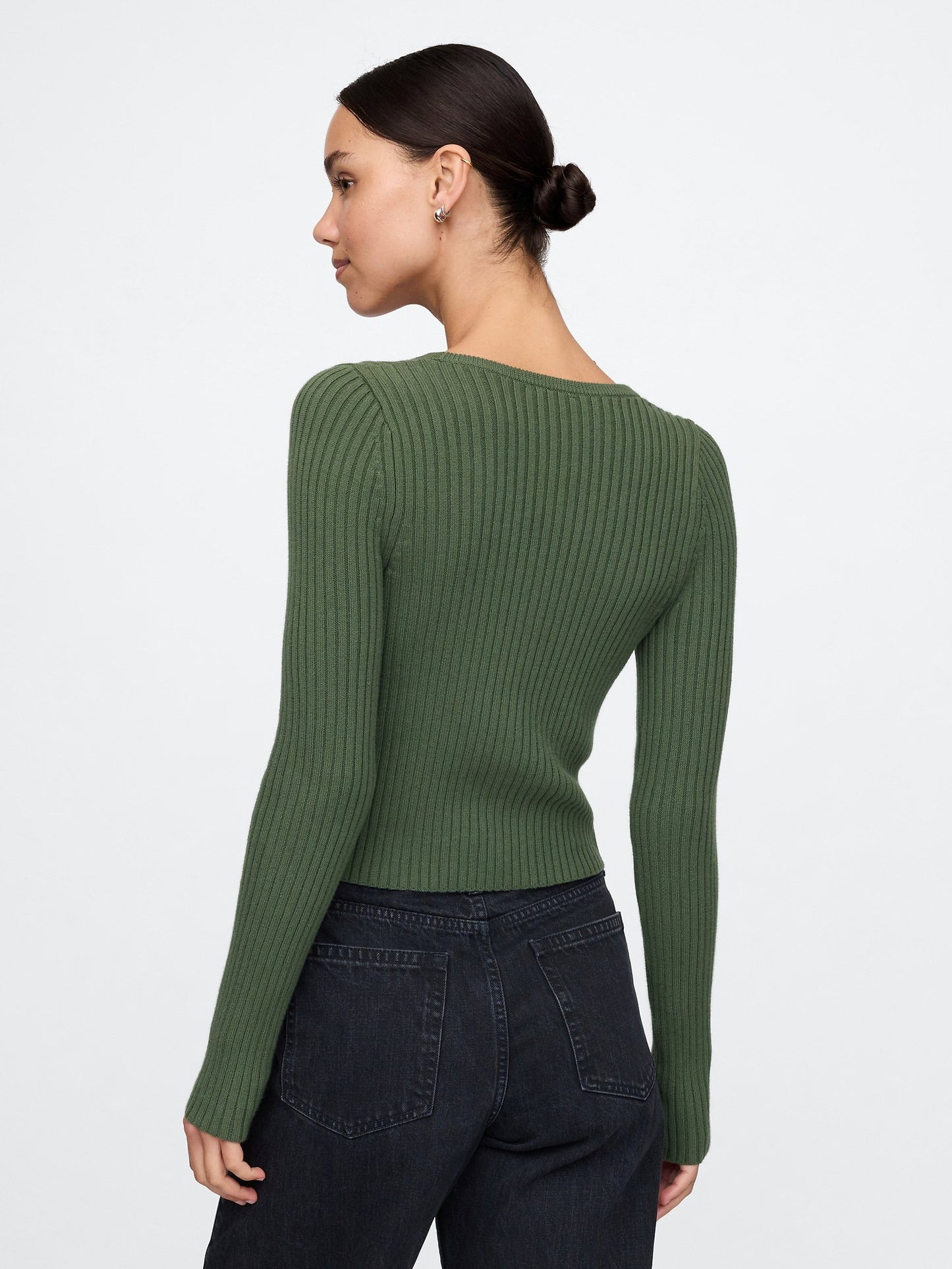 Yeşil Pamuklu Örgü Desenli Fitilli Crop Hırka