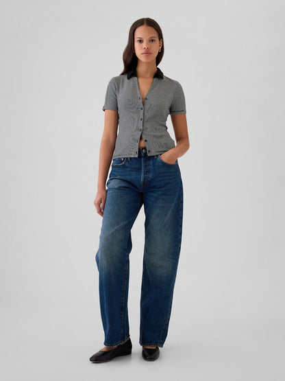 Siyah Modern Rib Düğmeli Polo Yaka T-shirt