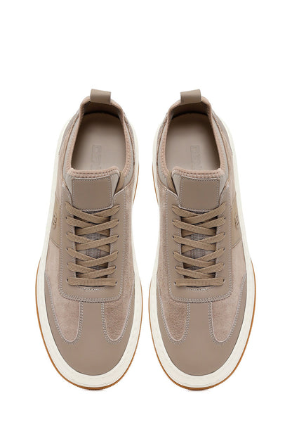 Erkek Bej Bağcıklı Kalın Tabanlı Deri Sneaker