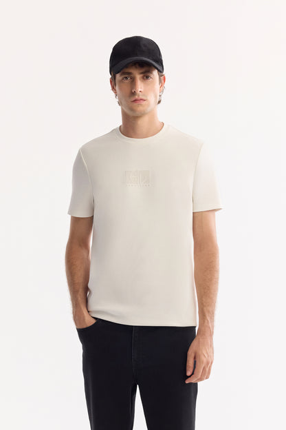 Ekru Bisiklet Yaka Enjeksiyon Baskılı Interlok Kumaş T-shirt