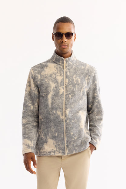 Bej-antrasit Dik Yaka Fermuarlı Blok Renkli Peluş Kumaş Hırka