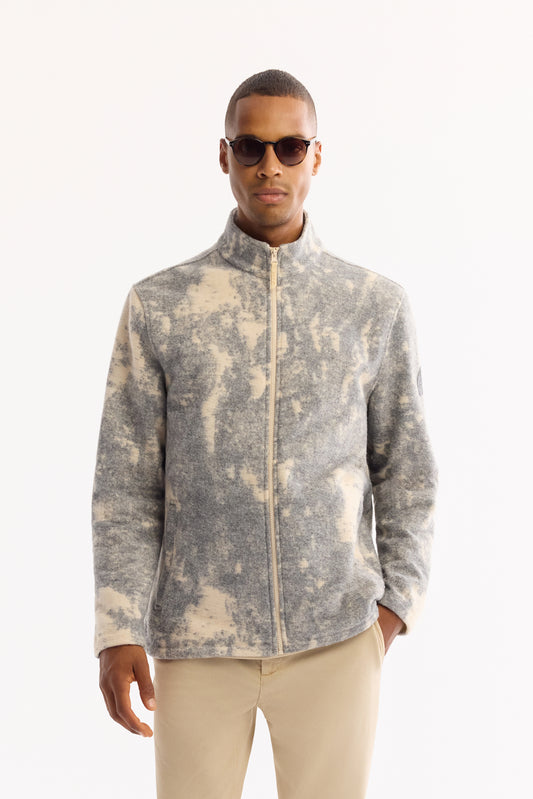 Bej-antrasit Dik Yaka Fermuarlı Blok Renkli Peluş Kumaş Hırka