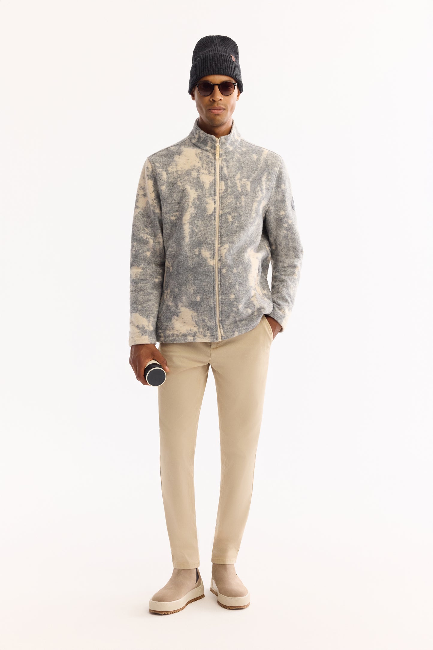 Bej-antrasit Dik Yaka Fermuarlı Blok Renkli Peluş Kumaş Hırka