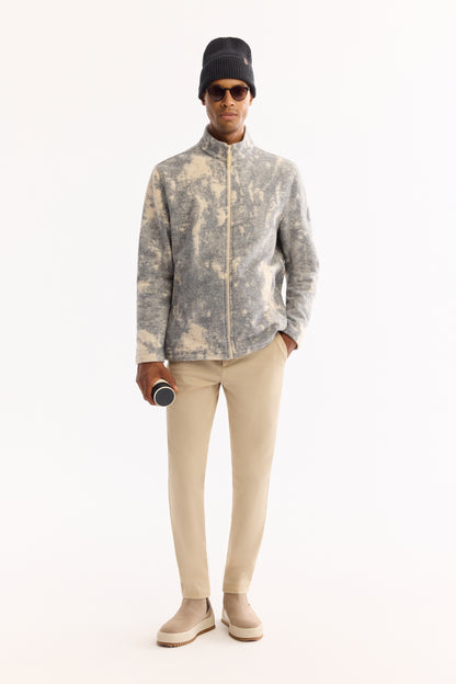 Bej-antrasit Dik Yaka Fermuarlı Blok Renkli Peluş Kumaş Hırka