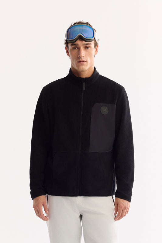 Siyah Dik Yaka Fermuarlı Enjeksiyon Baskılı Polar Kumaş Hırka