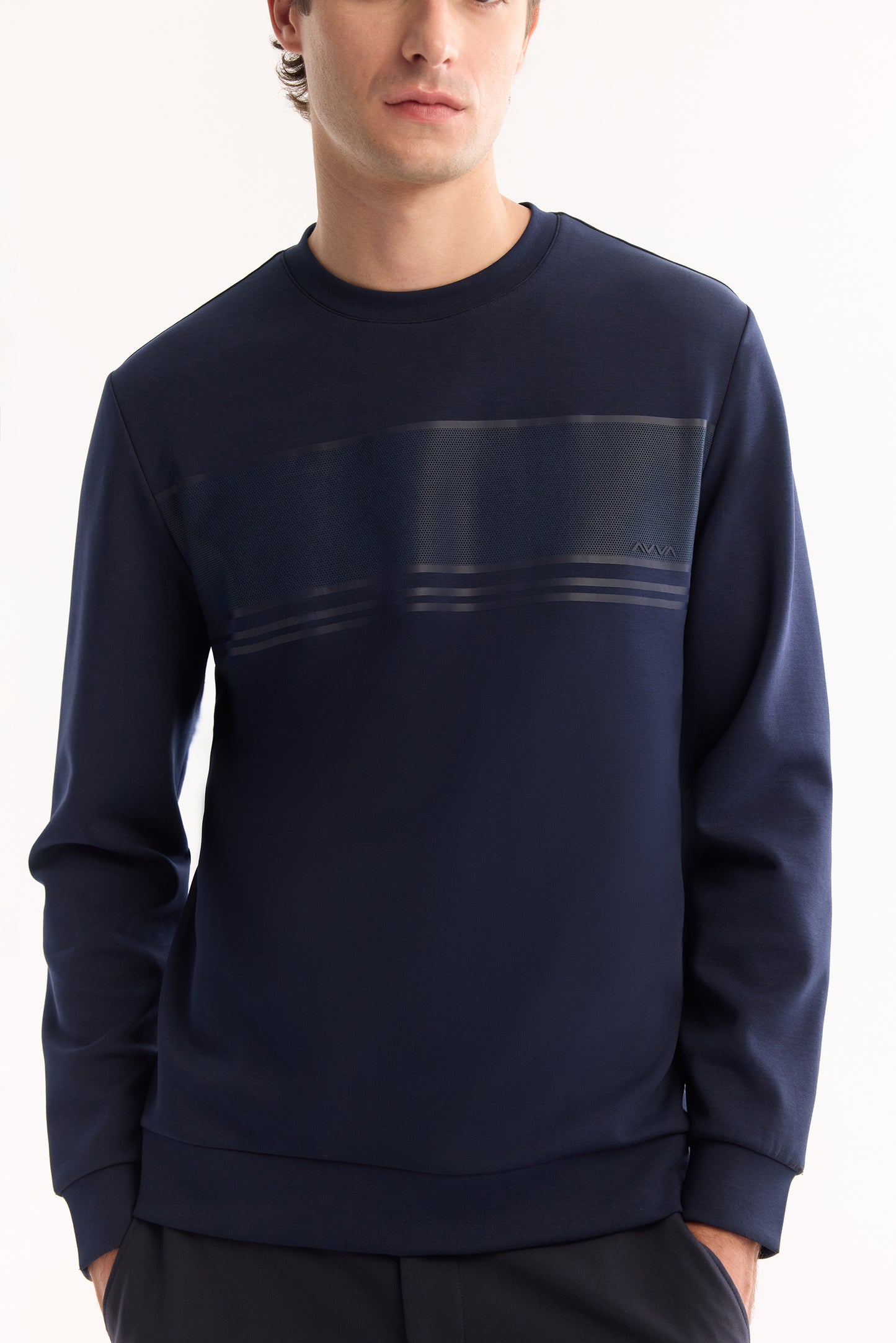 Lacivert Bisiklet Yaka Silikon Baskılı Interlok Kumaş Sweatshirt