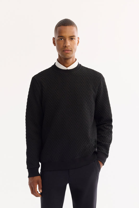 Siyah Bisiklet Yaka Jakarlı Jakarlı Örme Kumaş Sweatshirt